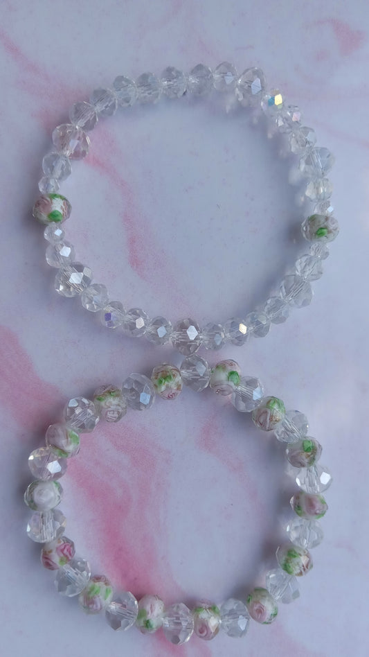 White Rose Beaded Bracelet Set